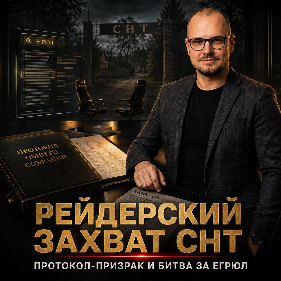 Артём Плужников на фоне СНТ, протокола общего собрания и записи ЕГРЮЛ