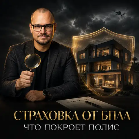 Артём Плужников проверяет страховой полис на фоне защищённого дома и БПЛА