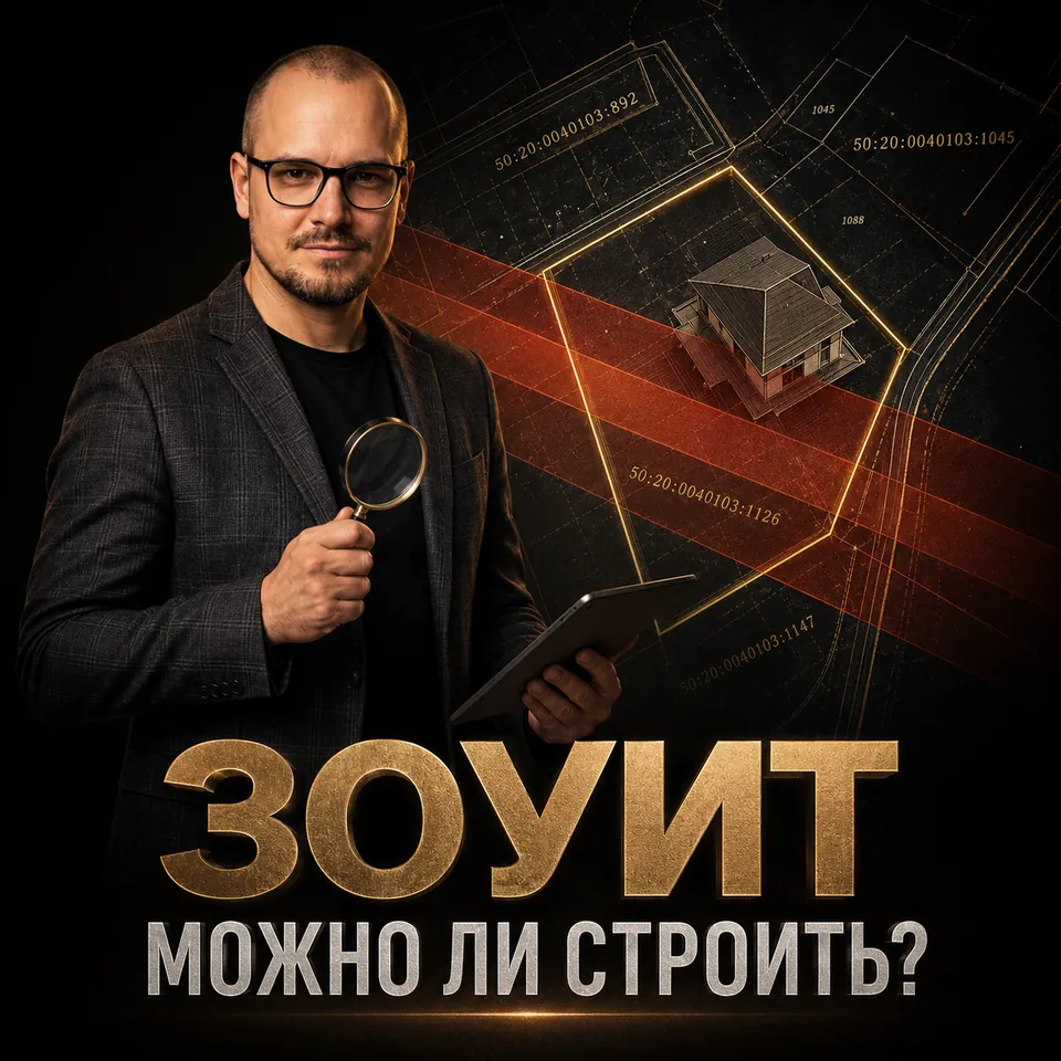 Артём Плужников с лупой на фоне карты ЗОУИТ и дома в зоне ограничений