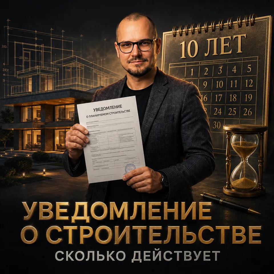 Артём Плужников с уведомлением о строительстве на фоне календаря на десять лет