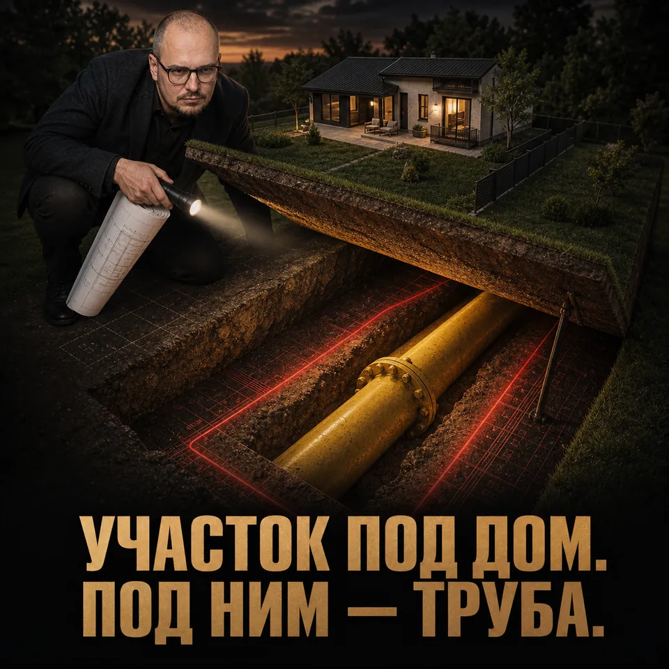 Разрез земельных участков с жилыми домами и газопроводом высокого давления под землёй