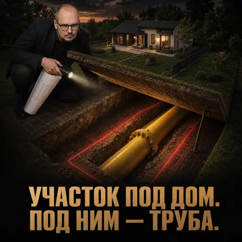 Разрез земельных участков с жилыми домами и газопроводом высокого давления под землёй